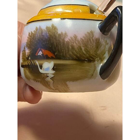 Morimura Porcelain Sugar Bowl, Lid & Glass Spoon Scenic design 2.75 in tall EUC - Picture 8 of 16